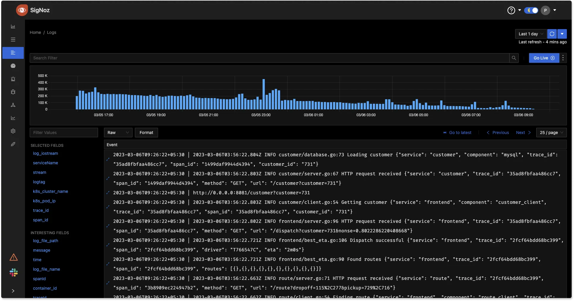 Raw view in logs management tab