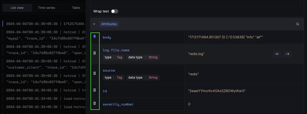 Pin commonly occurring attributes in the logs context tab