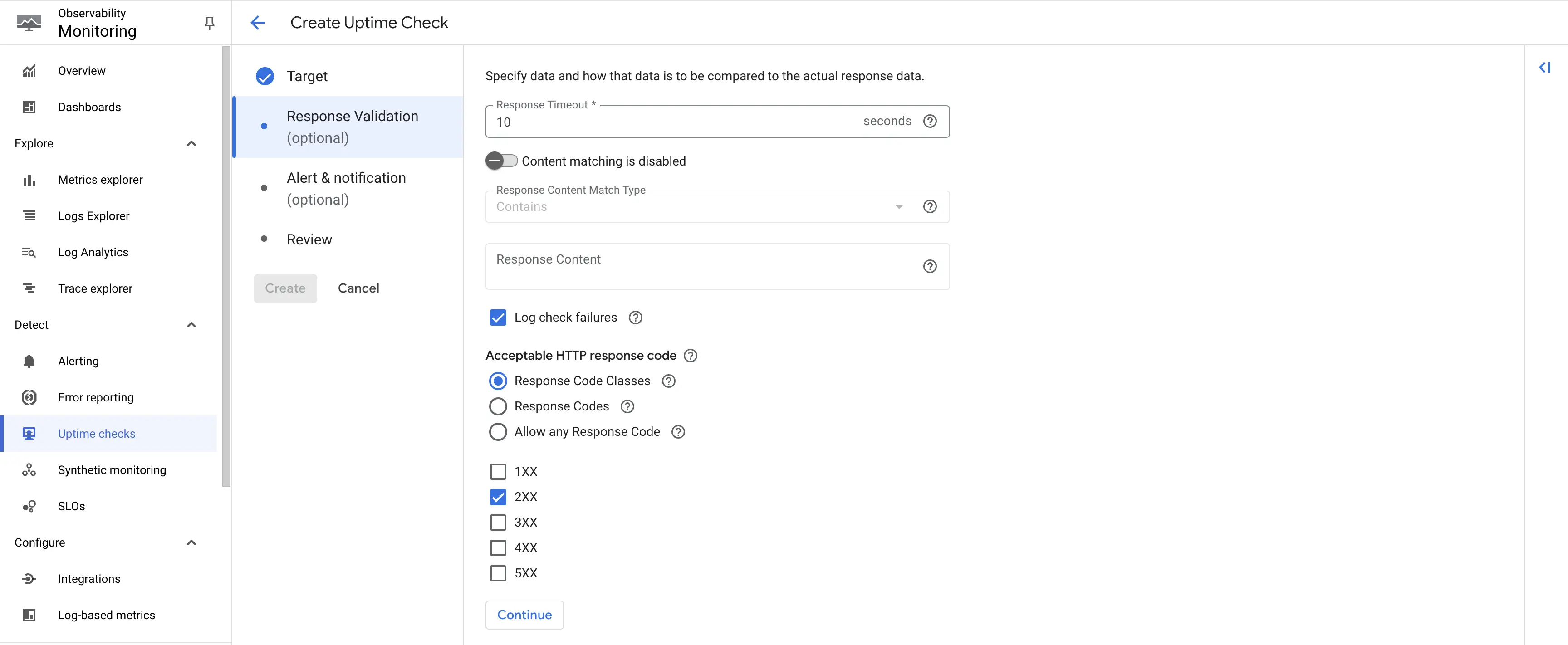 Create uptime check - Response Codes