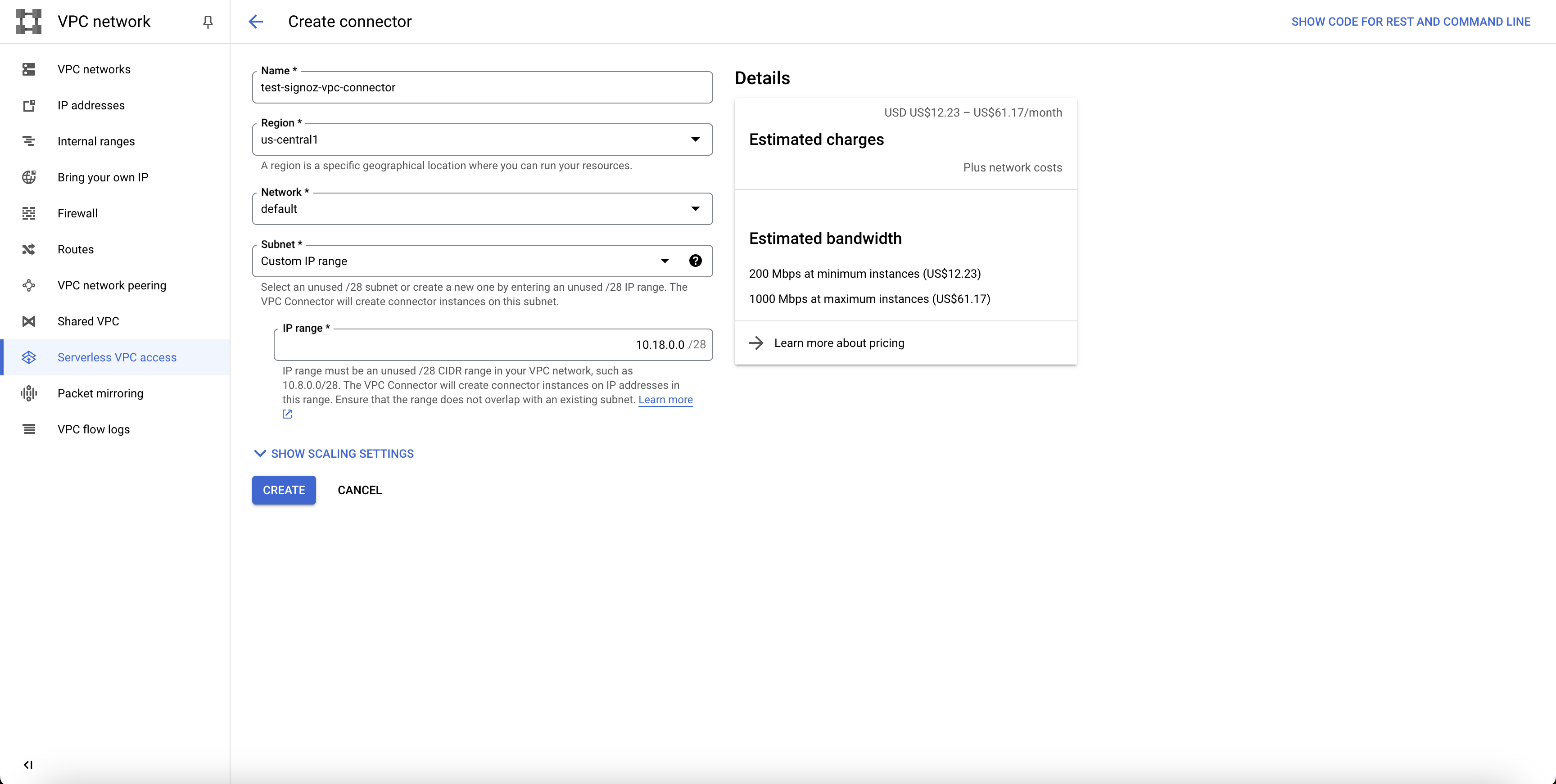 Create Serverless VPC Access Connector