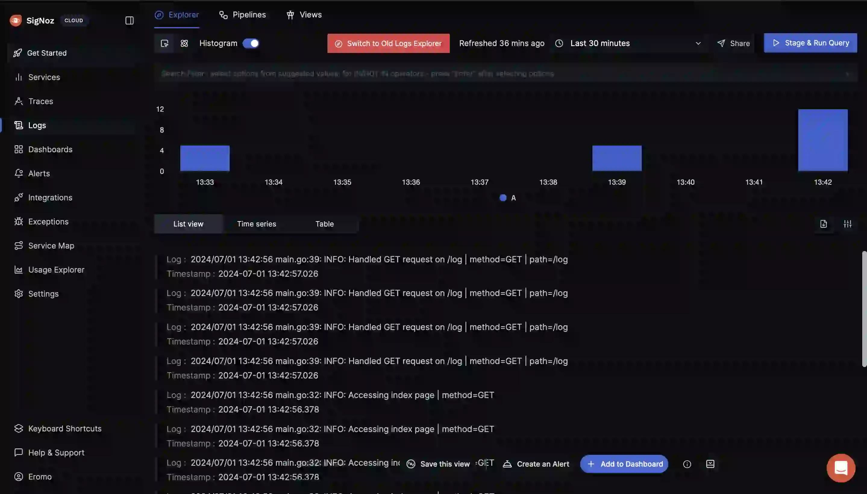 Signoz log output of Go application